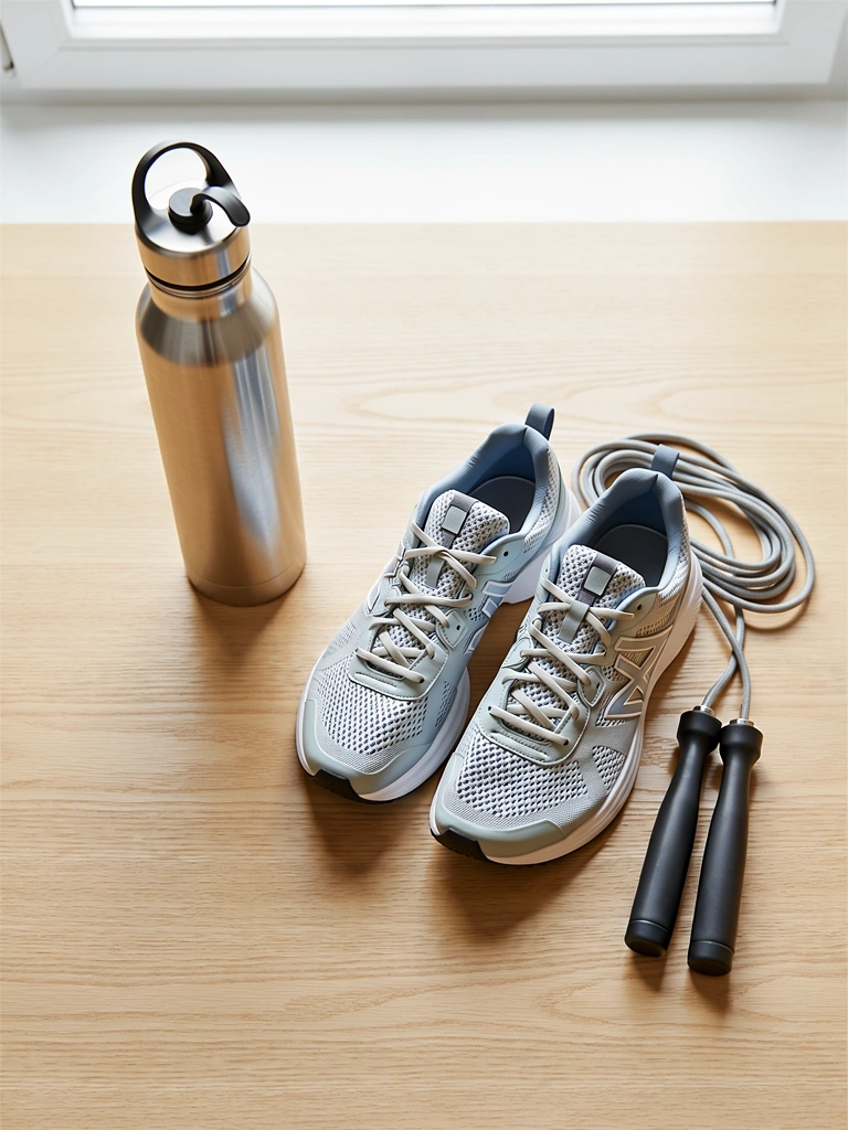 Fitness essentials on a wooden surface
